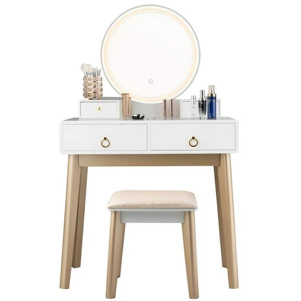 FORCLOVER 4-Drawer White and Gold Dressing Vanity Set with 3-color Round Lighting Mirror and Cushioned Color