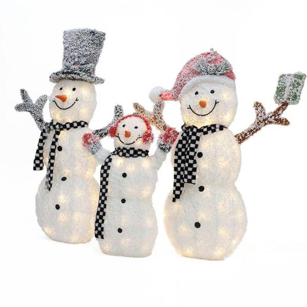 LuxenHome 46 in. 3-Piece Lighted Snowman Family, White Tinsel