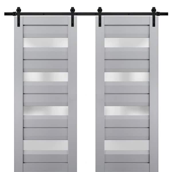 Sartodoors 28 in. x 84 in. 2 Panel Frosted Glass Matte Grey Solid Wood Sliding Barn Door with Hardware Kit