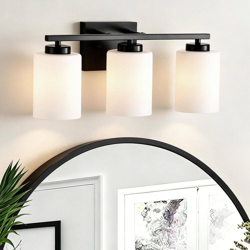 17 in. 3-Light Matte Black Modern Hardwired Bathroom Vanity Lights Fixture with Frosted White Cylindrical Glass Shades price history on PriceWatchPro