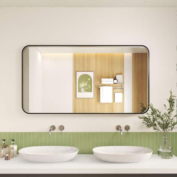 55 in. W x 30 in. H Rectangular Aluminum Framed Wall Bathroom Vanity Wall Mount Mirror in Black