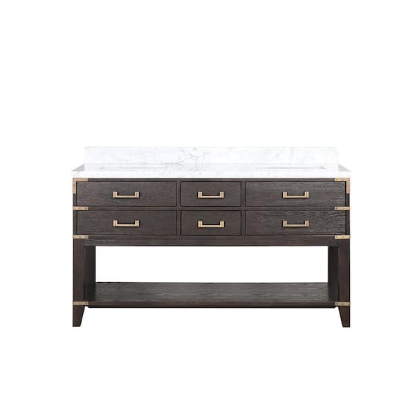 Irvington 60 in W x 22 in D Brown Oak Double Bath Vanity and Carrara Marble Top