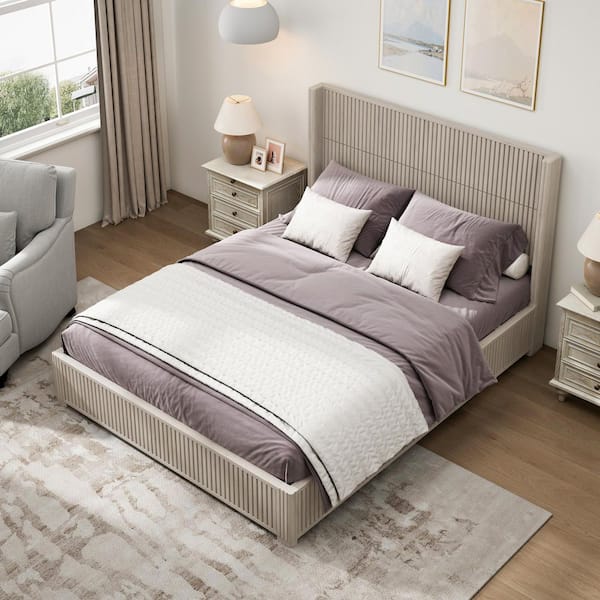 Merrick Country Rustic Beige Wood Frame Queen Size Platform Bed with Vertical Wood Grain Wingback Headboard