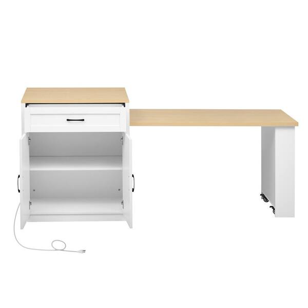 Nestfair White Wood 82.7 in. Kitchen Island with Extendable Dining Table, Power Outlet, 2 Drawers and 2 Open Shelves