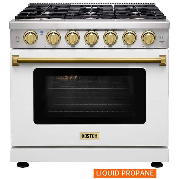 36 in. 6 Burners Freestanding Propane Gas Range with 6.0 cu. ft. Convection Oven in White with Bronze Handle