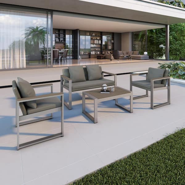 Unbranded 4-Piece Aluminum Rattan Outdoor Loveseat Set with Thick Gray Cushions and Rectangular Table for Patio Backyard