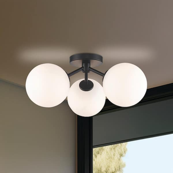 17.63 in. 3-Light Black Flush Mount Ceiling Light with Opal Glass Globe Shades
