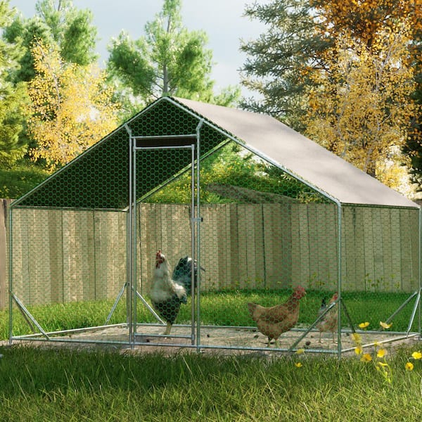 10' L x 6.6' W x 6.56' H, Metal Chicken Coop, Walk-In with Waterproof Cover, Lockable, Pointed Roof, White