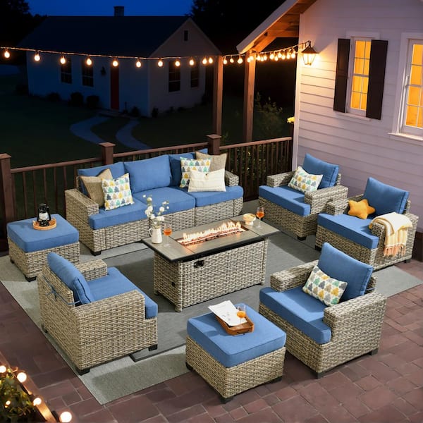 Taylor 10-Piece Wicker Patio Rectangular Fire Pit Set with Blue Cushions