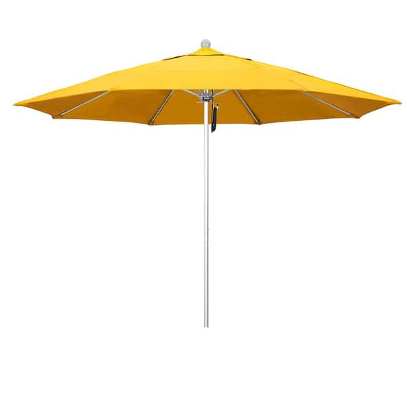 11 ft. Silver Anodized Aluminum Market Patio Umbrella with Fiberglass Ribs Pulley Lift in Sunflower Yellow Sunbrella