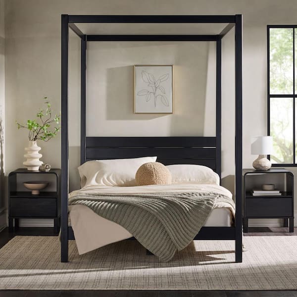 Welwick Designs Minimalist Black Solid Wood Frame Full Canopy Bed