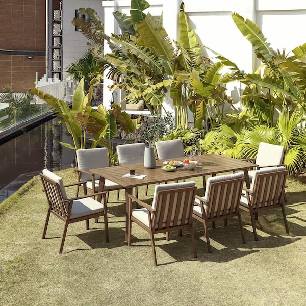 Alulux Light Brown Wood 9-Piece Aluminum Outdoor Dining Set with Rectangular Dining Table and White Cushions