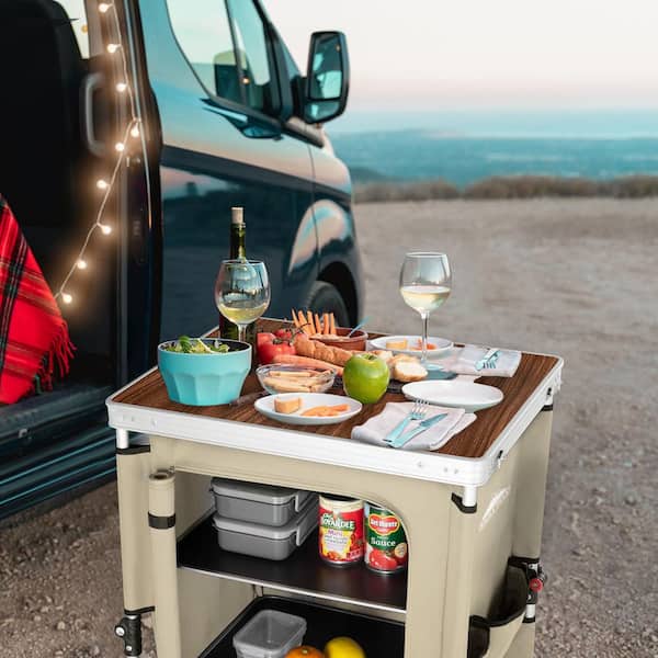 EAGLE PEAK Portable Folding Camping Kitchen Table with Storage Organizer, Beige