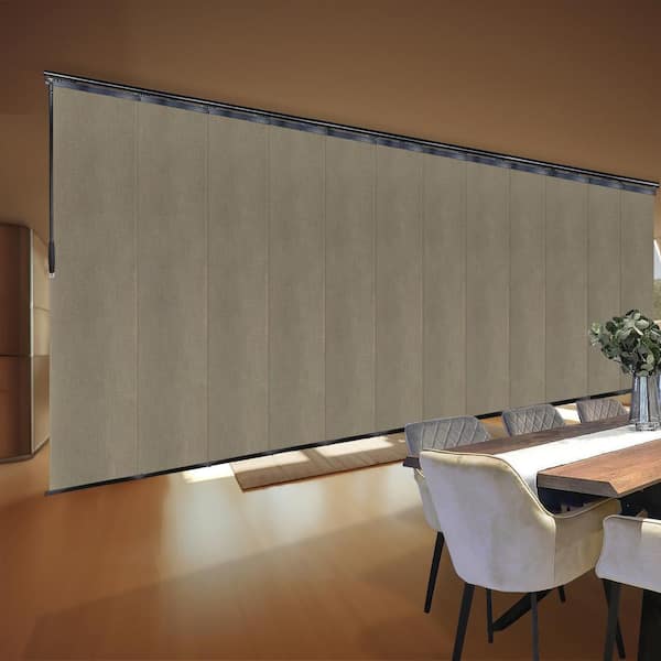 EMOH Linen Beige 140 in. x 260 in. W x 94 in. L Adjustable 12-Panel, Black Double Rail Panel Track with 23.5 in. Slates