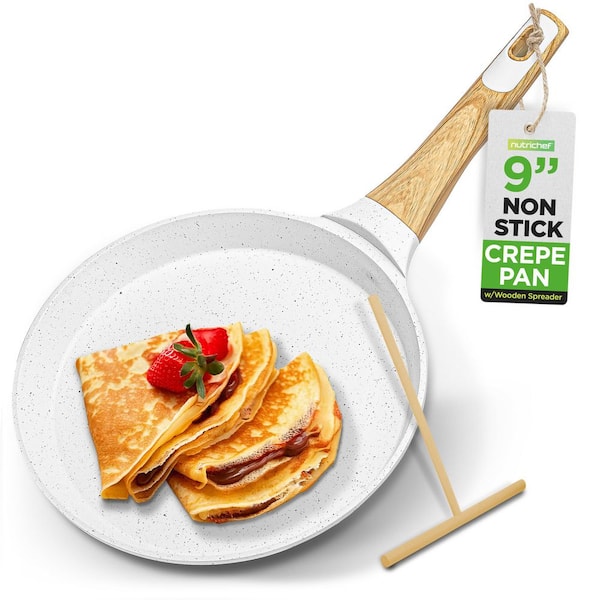 9.45” Non-Stick Crepe Pan with Wooden Spreader, Bakelite Handle & Induction Bottom (White Cream Marble) - NCMKCP0024WT
