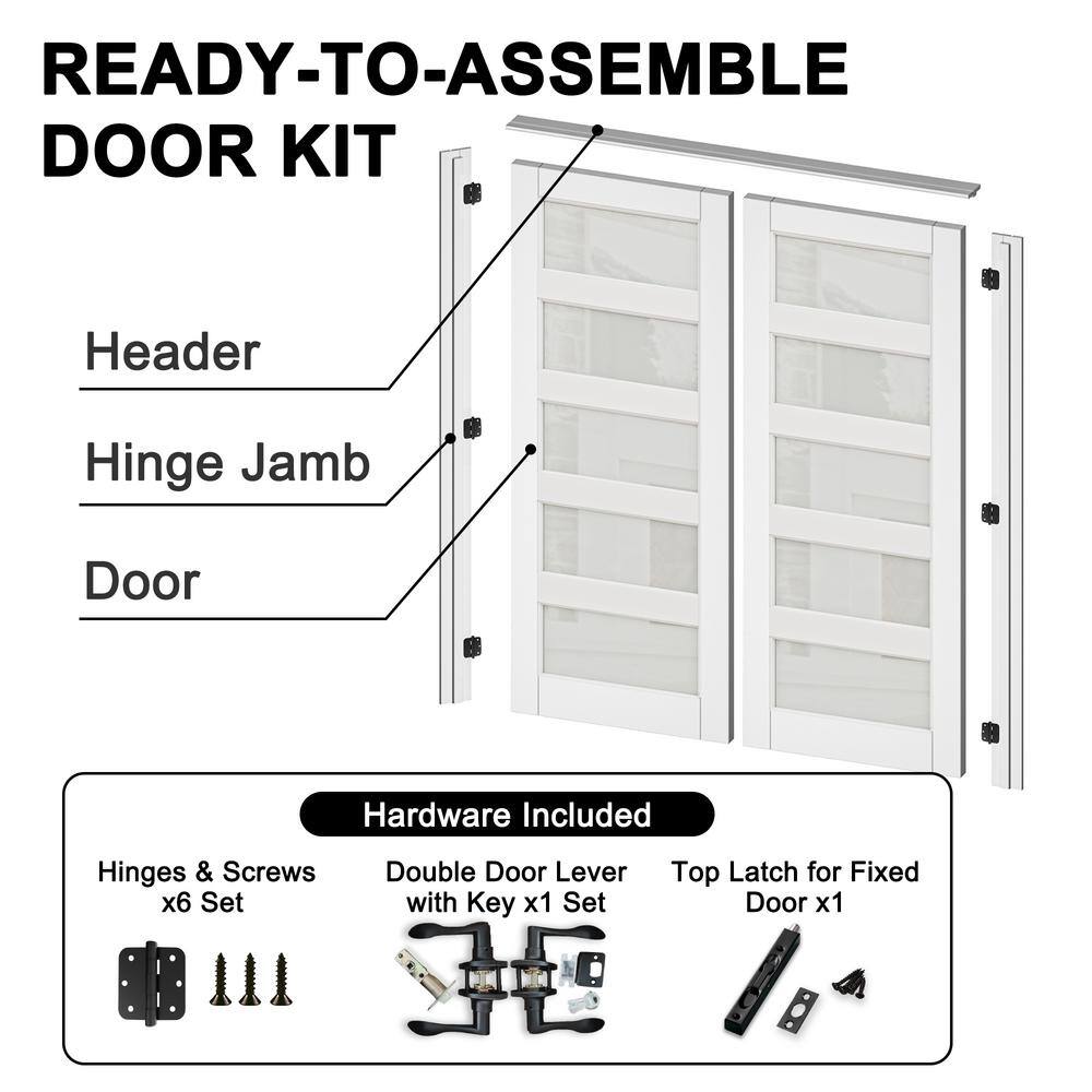 56 in. x 80 in. White Frosted Glass Solid Core MDF Double Prehung French Door
