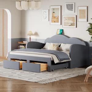Gray Twin Size Velvet Upholstered Extendable Daybed with Cloud-Shaped Backrest, 2 Drawers and USB Ports