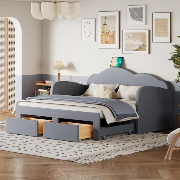 Harper & Bright Designs Gray Twin Size Velvet Upholstered Extendable Daybed with Cloud-Shaped Backrest, 2 Drawers and USB Ports