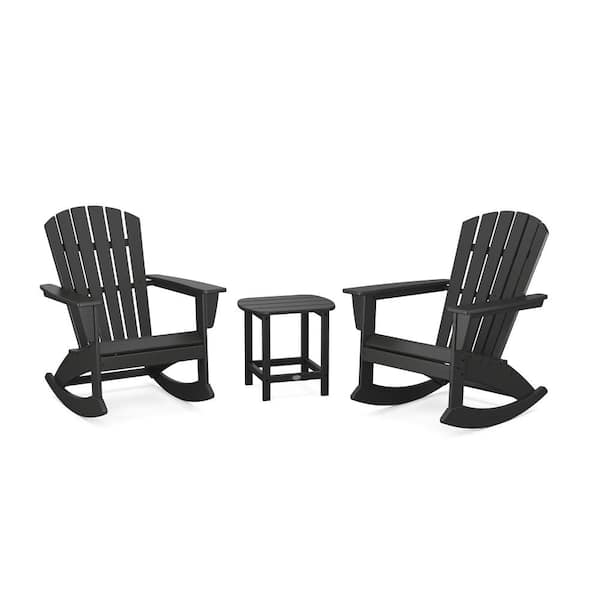POLYWOOD Grant Park Black 3-Piece HDPE Plastic Adirondack Outdoor Rocking Chair Patio Conversation Set