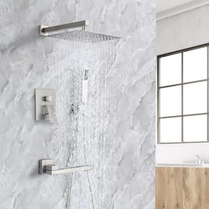10 in. Shower Head Single-Handle 1-Spray Square High Pressure Shower Faucet with Spout in Brush Nickel (Valve Included)