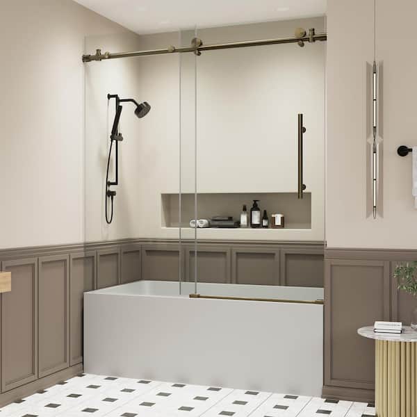 LORDEAR 60 in.W x 60 in.H Double Sliding Frameless Tub Door in Brushed Gold with 5/16 in.Tempered Clear Glass