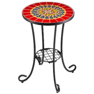 Metal Outdoor Side Table with Ceramic Tile Top and Display Shelf, Red