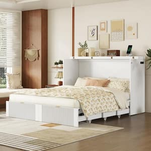 White Wood Frame Queen Size Murphy Bed with drawers, USB Ports and Sockets, Pulley Structure Design