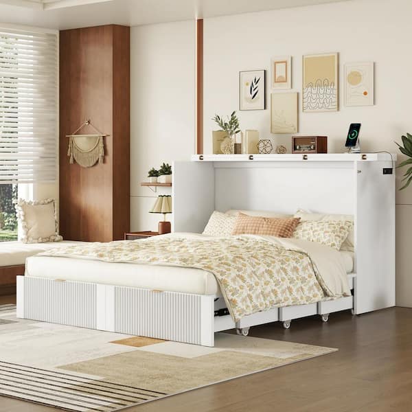 Harper & Bright Designs White Wood Frame Queen Size Murphy Bed with drawers, USB Ports and Sockets, Pulley Structure Design