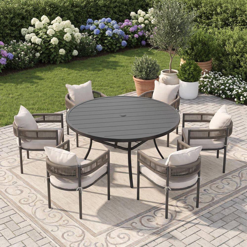 7-Piece Metal Outdoor Dining Set with 53 in. Black Round Table and 6 Gray Woven Rope Chairs with Cushions in White price history on PriceWatchPro