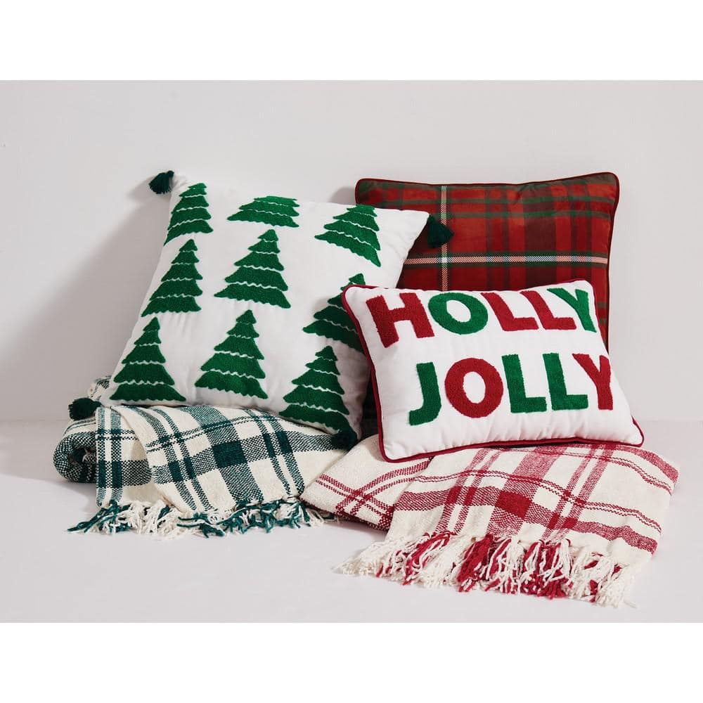 Red Plaid Chenille 18" Square Holiday Throw Pillow