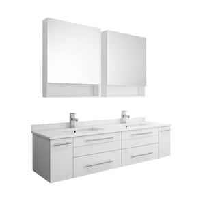 Lucera 60 in. W Wall Hung Vanity in White with Quartz Double Sink Vanity Top in White with White Basins,Medicine Cabinet