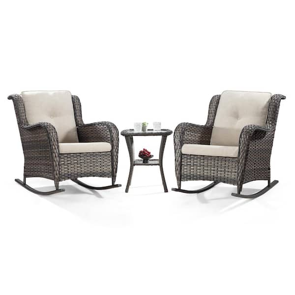 Sudzendf 3-Piece Brown Wicker Patio Conversation Set, Rocking Chair Set and Coffee Table with Beige Cushions
