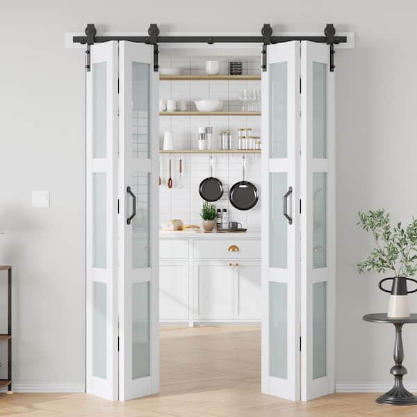56 in. x 84 in. 3/4 Lite Frosted Glass Solid Core MDF White PVC Bi-Fold Door with Hardware