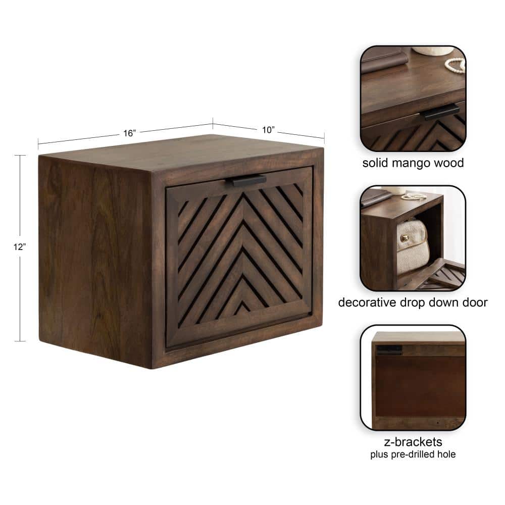 Natural Mango Wood Floating Side Table with Slatted Door