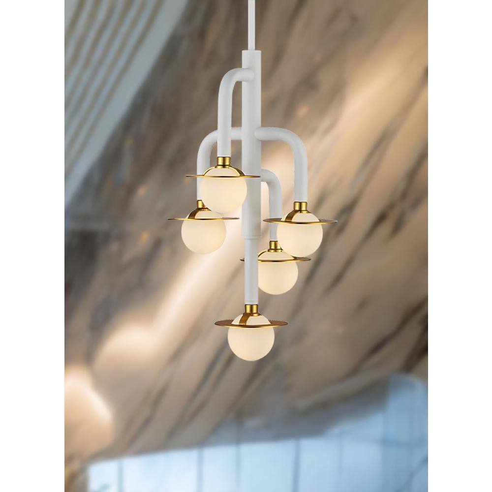 Tubular Matte White and Honey Gold LED Pendant with Etched Opal Glass