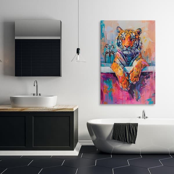 Bathing Tiger in Bright Tub by LSR Design Studio Unframed Abstract Graphic Art Print 45 in. x 30 in.