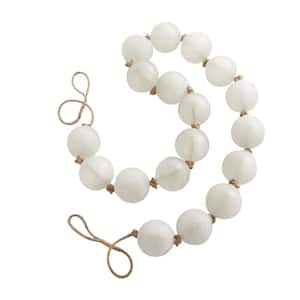 White Handmade Glass Round Extra Long Frosted Orb Beaded Garland with Tassel with Knotted Jute Rope