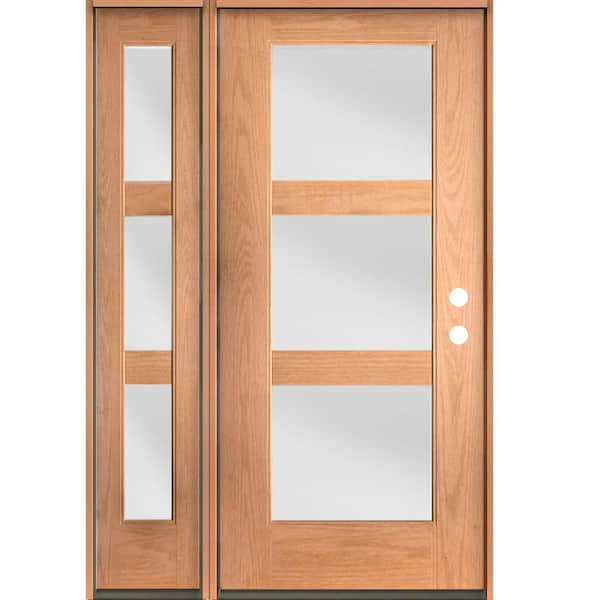 Krosswood Doors BRIGHTON Modern 50 in. x 80 in. 3-Lite Left-Hand/Inswing Satin Etched Glass Teak Stain Fiberglass Prehung Front Door