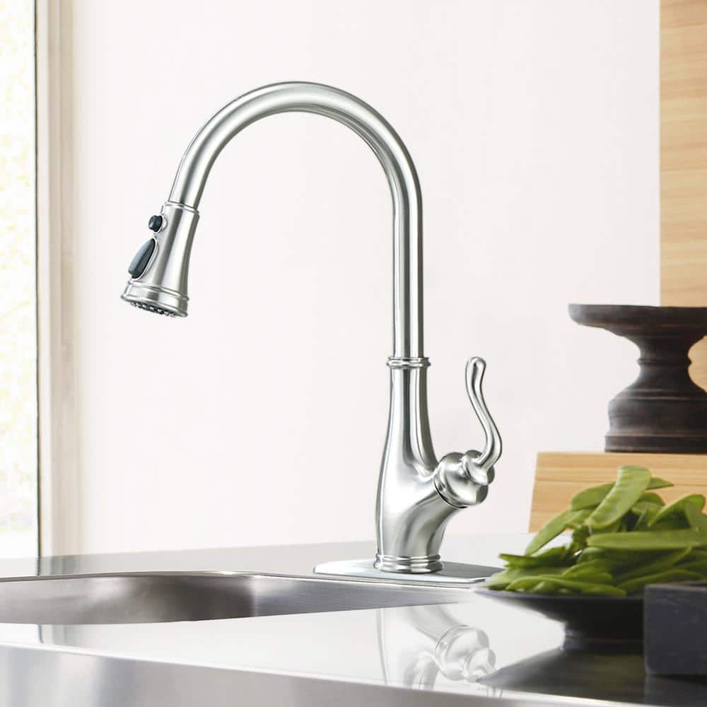 Satico Single Handle Gooseneck Pull Down Sprayer Kitchen Faucet With Deckplate Included In