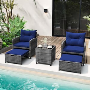 Grey 5-Piece Metal Patio Conversation Set with 2 Ottomans and Tempered Glass Coffee Table and Cushion Navy