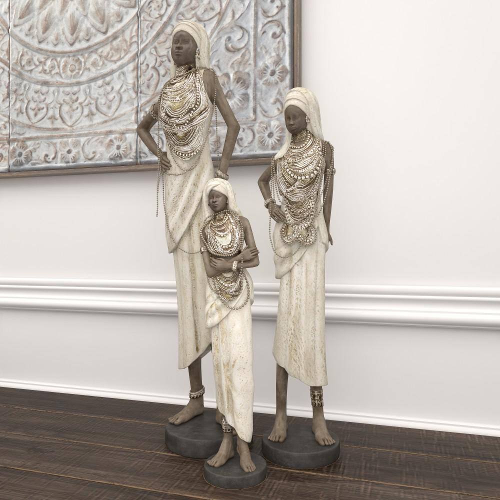 Elegant Trio of Polystone African Woman Sculptures in White