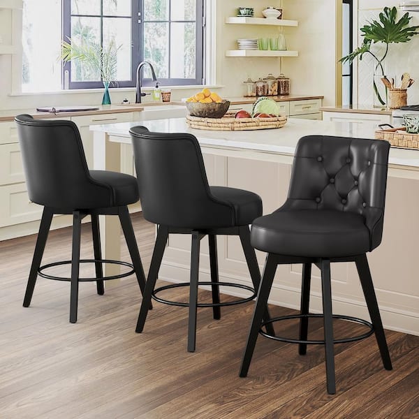 cozyman Rowland 26.5 in Seat Height Black Faux Leather Counter Height Solid Wood Leg Swivel Bar stool（Set of 3）