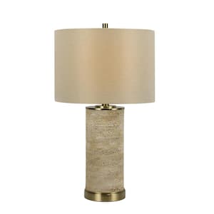 25.5 in. Beige Faux Stone Mounted Cylinder Table Lamp with Antique Brass and Decorator Shade