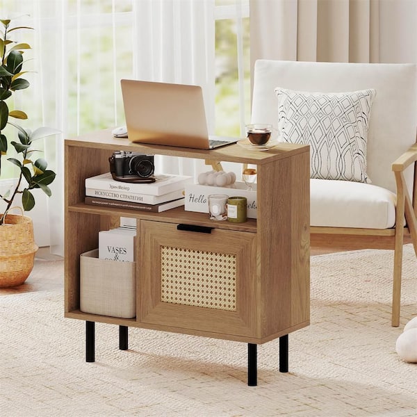 Natural 0 Drawer 24 in. W Boho Rattan Nightstand Wooden End Table with Storage Shelf Cabinet and Metal Legs