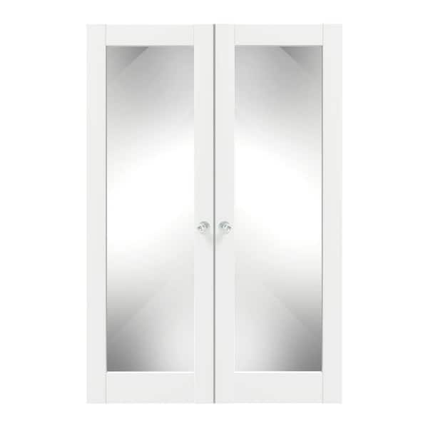 48 in. x 80 in. Composite, MDF Full Lite, Mirrored Glass, Primed, White Interior Door Slab with Silver Sphere Doorknob