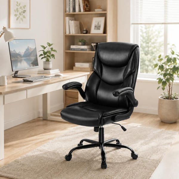 Ergonomic PU Leather Seat High Back Heavy Duty Office Executive Chair in Black with Flip-up Arms