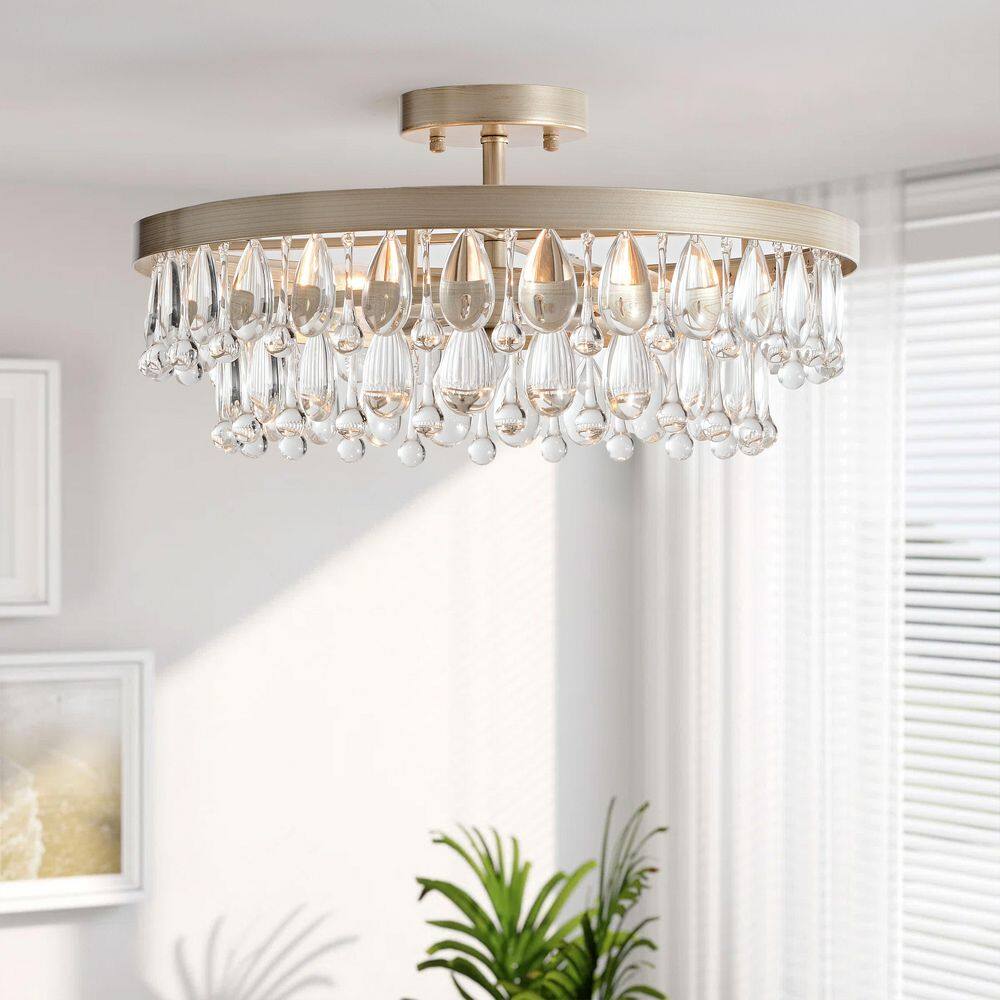 Adela 18 in. in Diameter Brushed Champagne Silver 4-Light Crystal Teardrop Round Flush Mount price history on PriceWatchPro