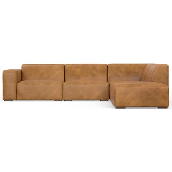 Simpli Home Rex Right Corner Sectional Modular Sofa with Ottoman in Genuine Leather