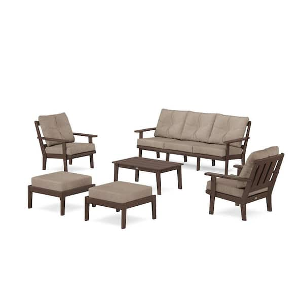 Oxford 6-Pcs Plastic Lounge Sofa Set in Mahogany/Spiced Burlap Cushions