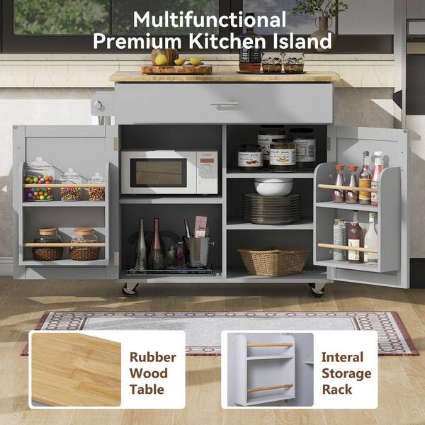 tunuo Gray Wood 39 in. Kitchen Island with Large divided